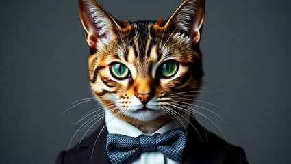 portrait of a bengal cat wearing a suit and bow tie against a gray background looking at the viewer