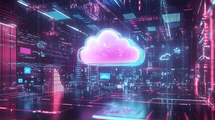 Neon lit digital landscape depicting cloud computing with data visualization for showcasing infrastructure advanced technology network concept