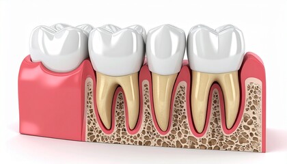 An educational 3D infographic illustration showing a cross-section of healthy human teeth, gums, and jaw bone