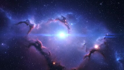 Wall Mural - A celestial deep space blue flare pulses with gentle light, illuminating swirling nebulae in a seamlessly looping abstract galaxy sophisticated, looping, flare