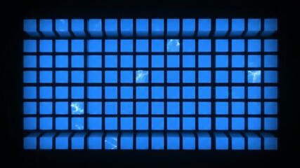 Wall Mural - A grid of glowing blue abstract squares rapidly pulses with an electrifying glowing flash, creating a seamlessly looping digital display dynamic, pixel, modern
