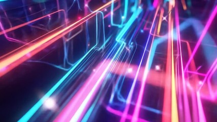 Wall Mural - Abstract image featuring glowing neon lines in blue, pink, and orange colors, creating a futuristic and dynamic effect.