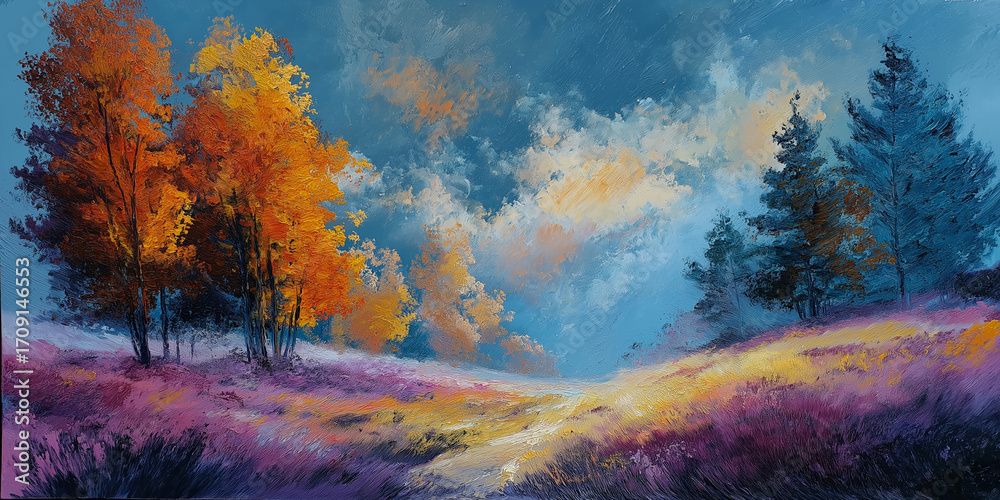 アクリル絵の具で丁寧に描かれた秋の風景画。紅葉した木々や落ち葉が