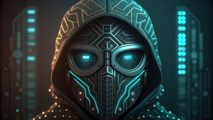 Futuristic cyber hacker with mask and hood in a dark city environment