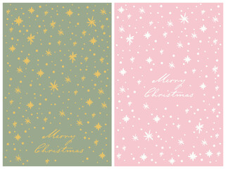 Wall Mural - Hand drawn christmas card design template set with sparcle stars, pink and white, green and gold.