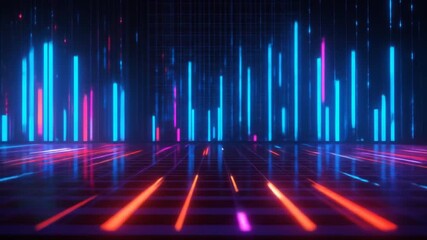 Wall Mural - Neon glowing lines and bars create a futuristic, vibrant, digital space.