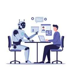 A friendly AI robot and a human collaborate at a desk, interacting with a shared digital interface in a vibrant 2D flat vector illustration, symbolizing modern teamwork and technology.