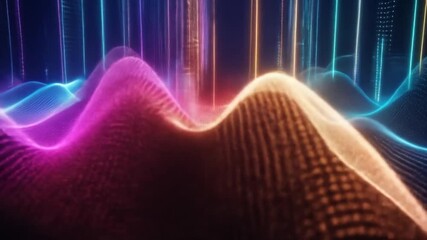 Wall Mural - Abstract digital landscape with colorful waves and vertical lines, creating a futuristic and dynamic visual.