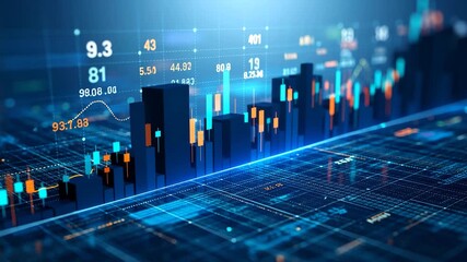 Digital graph charts floating in a futuristic cyber grid with glowing dark blue lights and high-tech HUD visuals for data animation scenes