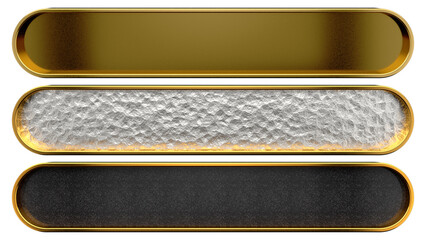 Set of luxury gold metal banners, buttons, or title plates. 3D rendered illustration with gold, white rock, and black matte textures.