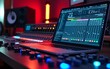 © nian - Modern Music Record Studio Control Desk with Laptop Screen Showing User Interface of Digital Audio Workstation Software. Equalizer, Mixer and Professional Equipment. Faders, Sliders. Record. Close-up