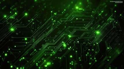 Glowing neon green digital data streams and complex circuits in futuristic cyberspace, representing sophisticated technology and artificial intelligence.