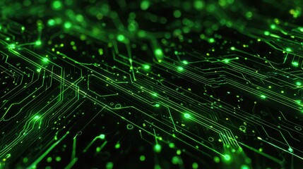 Glowing neon green digital data streams and complex circuits in futuristic cyberspace, representing sophisticated technology and artificial intelligence.