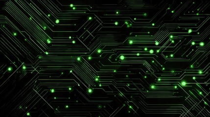 Glowing neon green digital data streams and complex circuits in futuristic cyberspace, representing sophisticated technology and artificial intelligence.