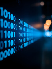 Close up of glowing blue binary code on a dark background with bokeh effect on the right side view