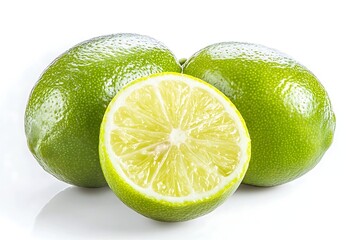 Wall Mural - Close up of three fresh lime fruits, one sliced, isolated on a clean white background