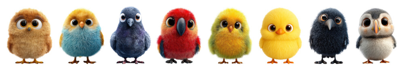 Wall Mural - PNG Colorful fluffy cartoon birds, element set on transparent background