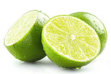 Wall Mural - Fresh Green Limes CloseUp Halved Citrus Fruit with White Background, Bright and Juicy