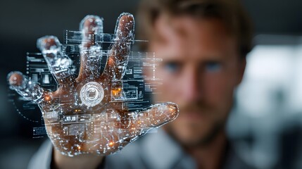Futuristic Technology Concept with Digital Interface on Human Hand