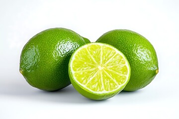 Wall Mural - Green Limes on White Background, Whole Lime and Half Lime Citrus Fruit Isolated