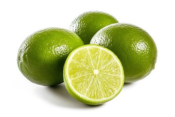 Wall Mural - Group of Fresh Green Limes, Close Up View of Citrus Fruit on White Background
