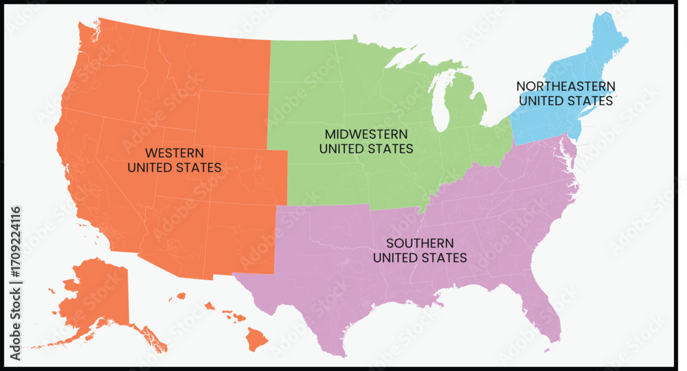 Map of the U.S. divided into four main regions: West, Midwest, South