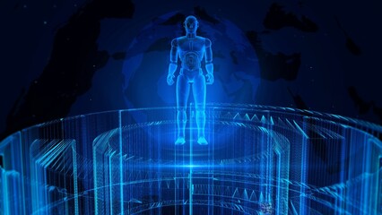 Wall Mural - Holographic Human Figure with Blue Digital Globe in Futuristic Digital Interface