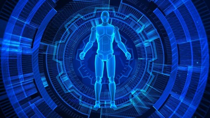 Wall Mural - A digital humanoid figure stands at the center of a holographic futuristic interface