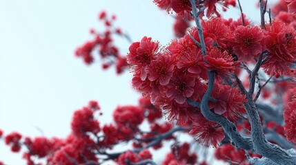 Wall Mural - Vibrant crimson blossoms on grey branches against a light background