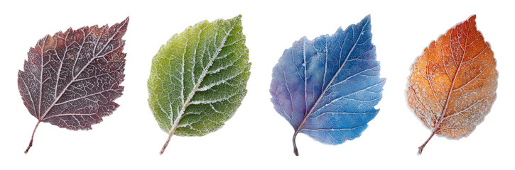 Wall Mural - Four beautiful autumn leaves in different colors isolated on transparent background