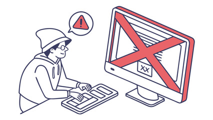 Cartoon man with glasses typing on keyboard with error message on screen
