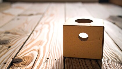 Cardboard cube on wooden floor