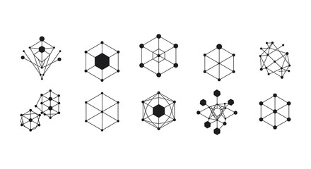 Abstract geometric shapes and wireframe polygonal designs on a white background