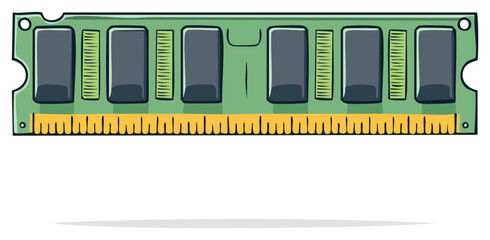 Illustration of a single RAM module with multiple chips and pins for computer hardware and memory upgrade.