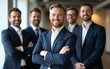 © han - Corporate portrait of leaders standing at enterprise office with arms crossed and smiling at camera. High quality