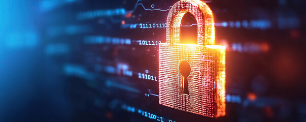 Digital padlock glowing on encrypted code background, symbolizing cybersecurity, data protection, and secure network technology