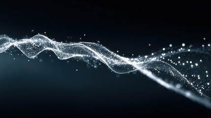 Abstract wavy, shimmering, silvery particle flow against a dark backdrop, creating a luminous and ethereal effect, suggestive of movement