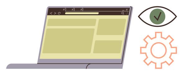 Computer screen displaying a webpage layout alongside a gear and eye icon. Ideal for programming, web design, UIUX, accessibility, quality assurance, validation, technology. Simple flat metaphor