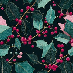 Wall Mural - modern seamless christmas pattern with stylized holly and berries