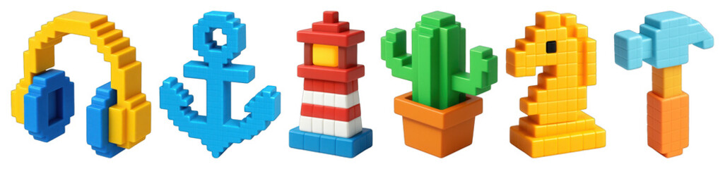 Wall Mural - PNG Colorful 3D pixel art objects, element set on transparent background