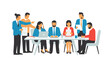 © Vicky - Flat, illustrated design of a business team collaborating around a long table during a meeting, using laptops and documents, conveying a serious and focused mood against