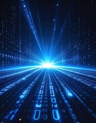 Digital data stream emanating from a glowing point, with binary code and light beams creating a futuristic, vibrant blue abstract