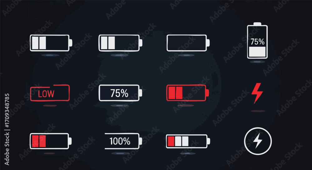 Dynamic battery level indicators and charging symbols for modern ...