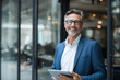 © Ahmar Stock - a middle-aged businessman in business attire. exuding confidence as he explores the digital space on its screen