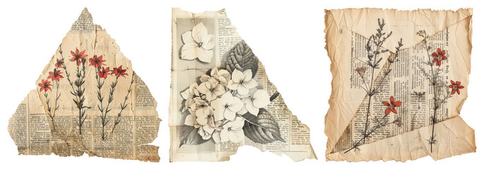 Wall Mural - PNG Vintage floral newspaper collage, element set on transparent background