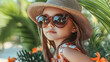 © Thai - Cute baby girl fashion model on tropical beach, wearing stylish sunglasses, trendy summer dress and hat, palm trees and flowers background, adorable child holiday lifestyle illustration artwork