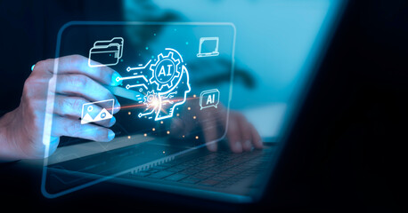 A person using AI technology for data analysis, coding computer language with digital brain, machine learning on virtual screen, business intelligence. AI Artificial Intelligence concept.