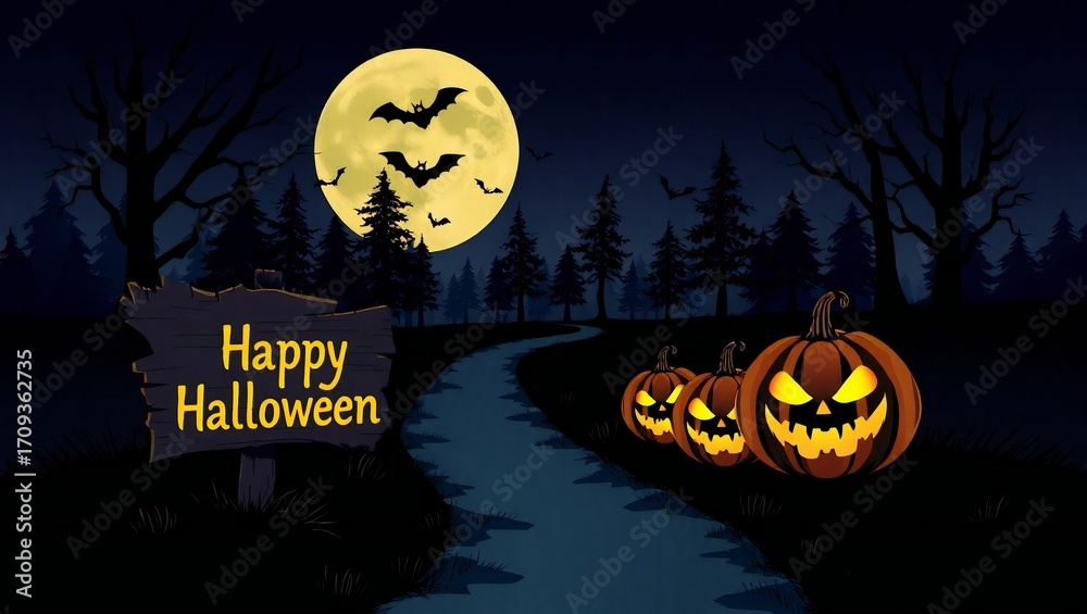 Spooky halloween night with glowing pumpkins and bats flying in the ...