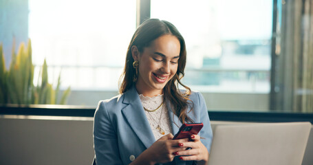 Phone, happy and businesswoman in office with networking, communication or contact for finance. Smile, technology and female financial advisor with cellphone for email on mobile app in workplace.