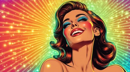 Wall Mural - A joyful woman smiles brightly in a vibrant comic pop art style, radiating happiness against a dynamic halftone background